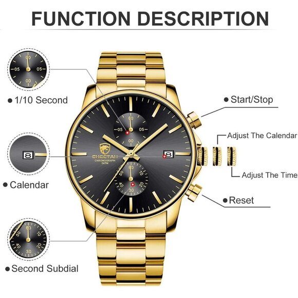 GOLDEN HOUR Men's Gold Black Stainless Steel Chronograph Quartz Watch Waterproof - Picture 3 of 7